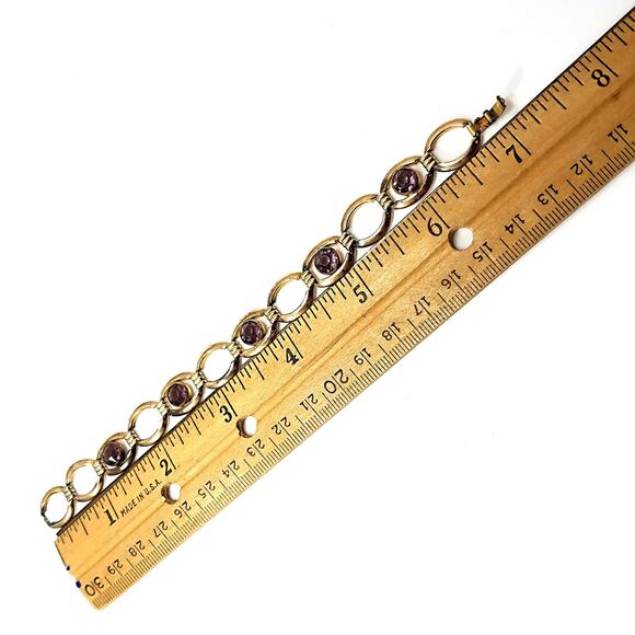 Vintage Simmons Bracelet Purple Glass Gold Tone Links 1920 1940 Egyptian Revival - Picture 9 of 10